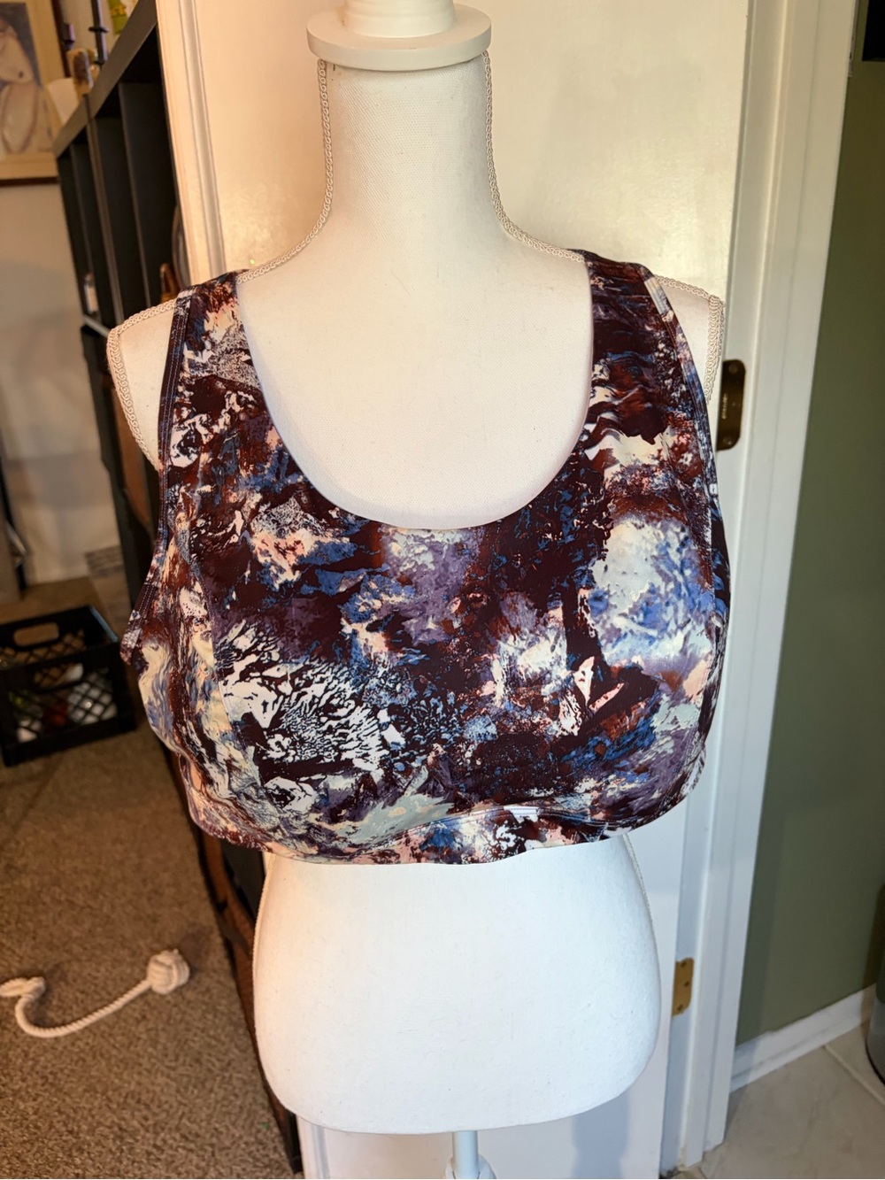 Abstract Marble Print Sports Bra - Deep Plum & Blue